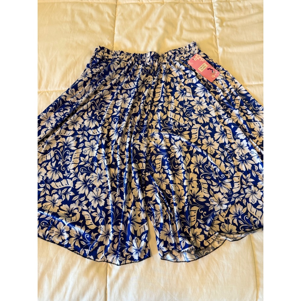 Unbranded Blue White Tropical Hibiscus Floral Palazzo Shorts XL/XXL YW-531